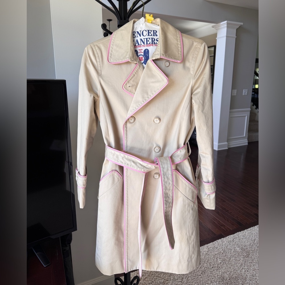 Like New! Coach Women's Beige Trench Coat with Pink Accents (M)